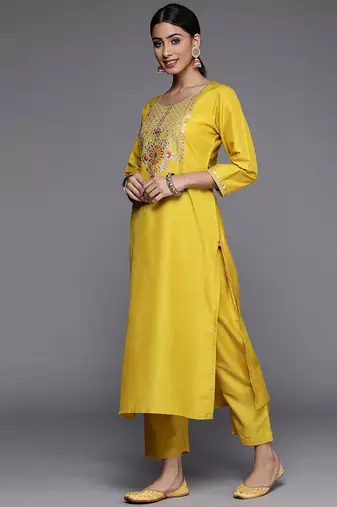 Women Mustard Yellow Ethnic Motifs Yoke Design Kurta with Trousers & Dupatta