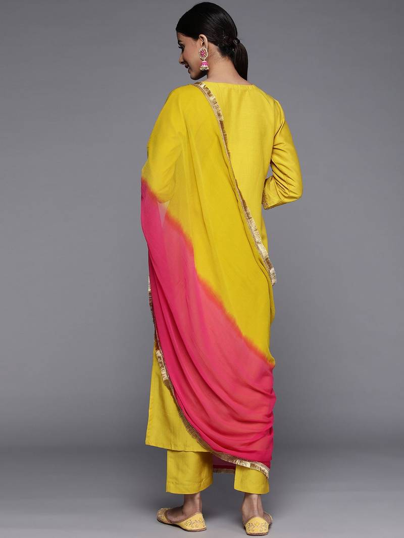 Women Mustard Yellow Ethnic Motifs Yoke Design Kurta with Trousers & Dupatta
