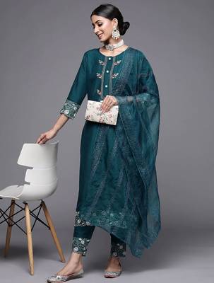 Women Teal Green Ethnic Motifs Yoke Design Kurta with Trousers & Dupatta 1