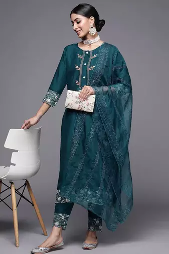 Women Teal Green Ethnic Motifs Yoke Design Kurta with Trousers & Dupatta