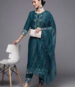 Women Teal Green Ethnic Motifs Yoke Design Kurta with Trousers & Dupatta