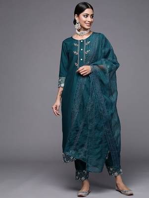 Women Teal Green Ethnic Motifs Yoke Design Kurta with Trousers & Dupatta 5