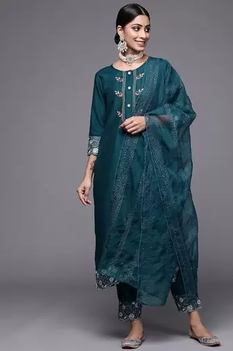 Women Teal Green Ethnic Motifs Yoke Design Kurta with Trousers & Dupatta