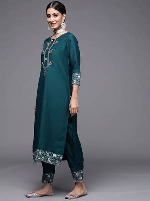 Women Teal Green Ethnic Motifs Yoke Design Kurta with Trousers & Dupatta 6