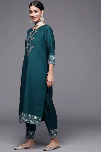 Women Teal Green Ethnic Motifs Yoke Design Kurta with Trousers & Dupatta