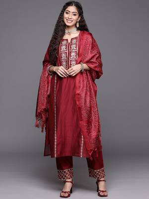 Women Maroon Embroidered Kurta with Trousers & With Dupatta 1