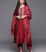 Women Maroon Embroidered Kurta with Trousers & With Dupatta