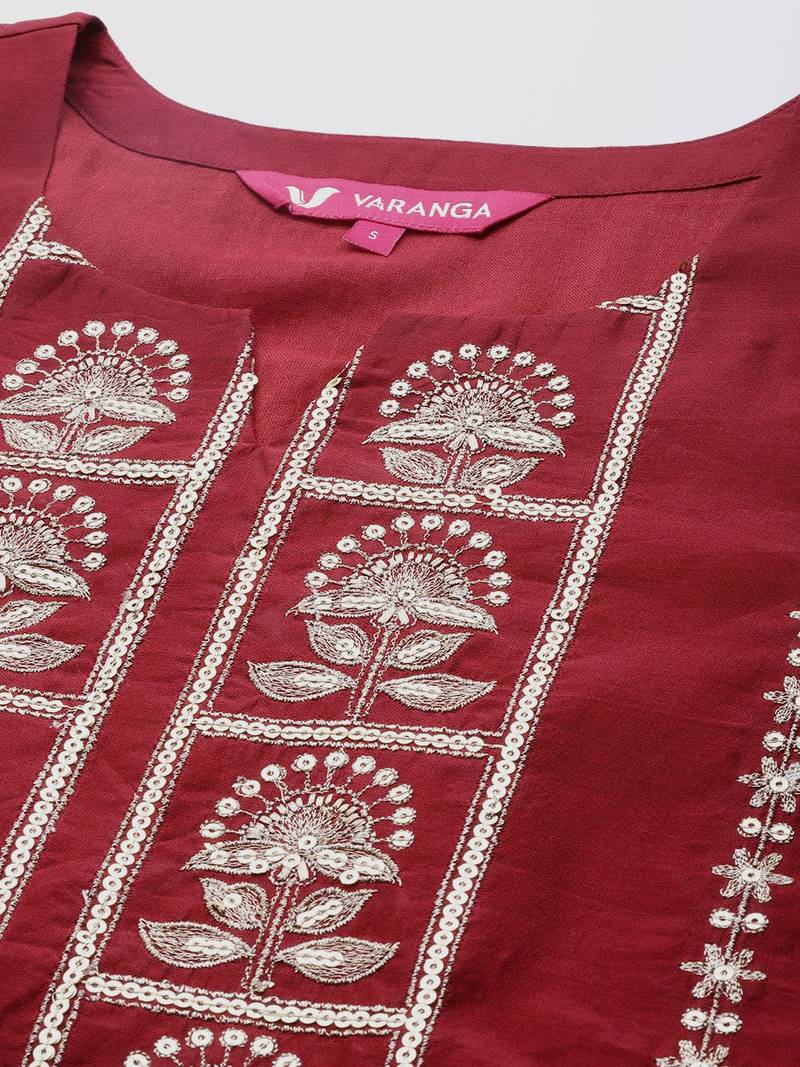 Women Maroon Embroidered Kurta with Trousers & With Dupatta