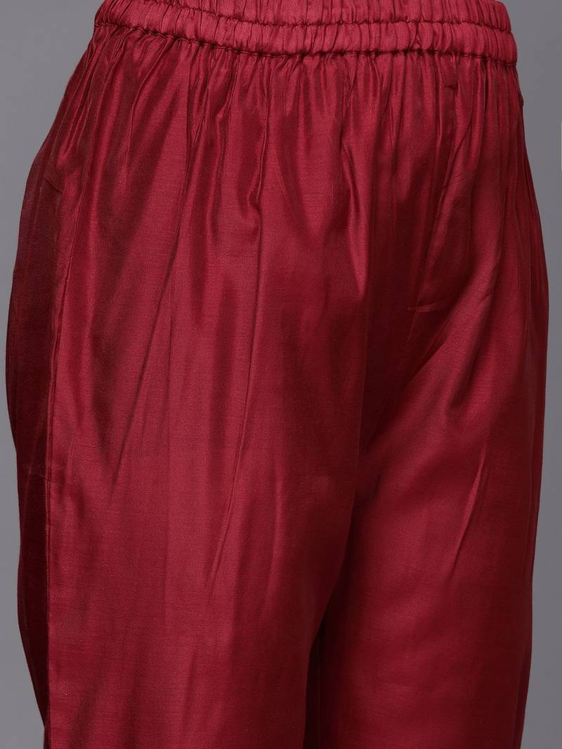 Women Maroon Embroidered Kurta with Trousers & With Dupatta