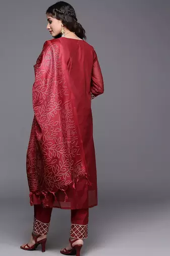 Women Maroon Embroidered Kurta with Trousers & With Dupatta