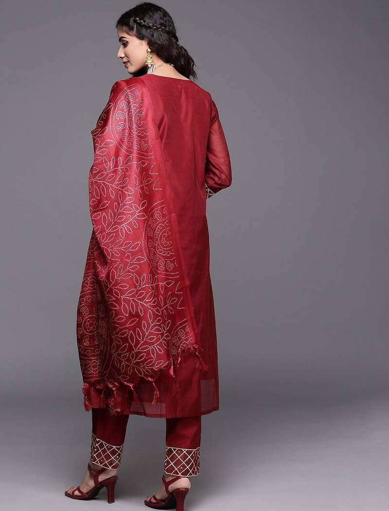 Women Maroon Embroidered Kurta with Trousers & With Dupatta