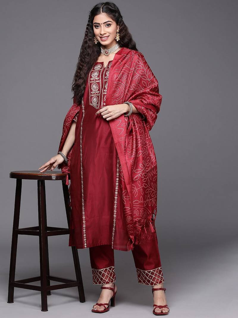 Women Maroon Embroidered Kurta with Trousers & With Dupatta