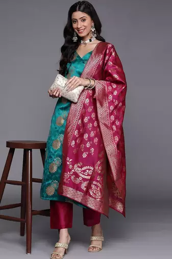 Women Blue Kurta with Trousers & With Dupatta