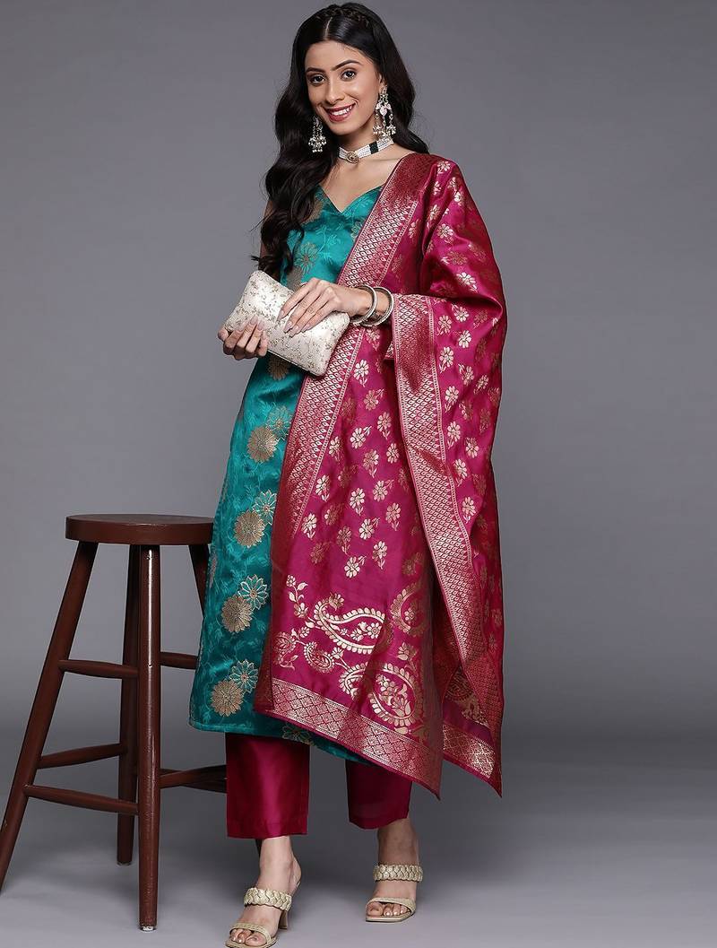 Women Blue Kurta with Trousers & With Dupatta