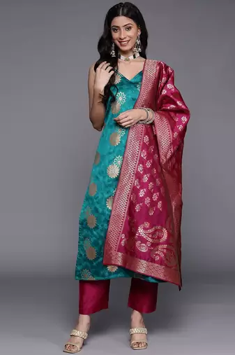 Women Blue Kurta with Trousers & With Dupatta