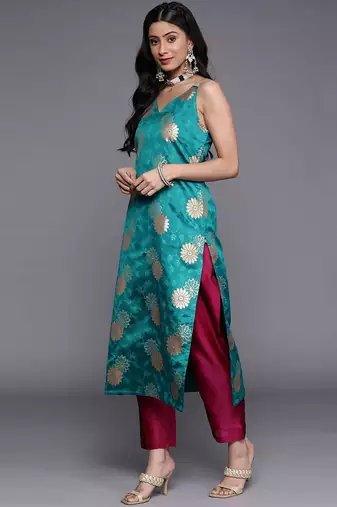 Women Blue Kurta with Trousers & With Dupatta