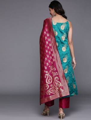Women Blue Kurta with Trousers & With Dupatta 7
