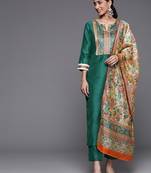 Women Green Ethnic Motifs Yoke Design Kurta with Trousers & With Dupatta