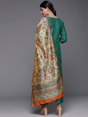 Women Green Ethnic Motifs Yoke Design Kurta with Trousers & With Dupatta 6