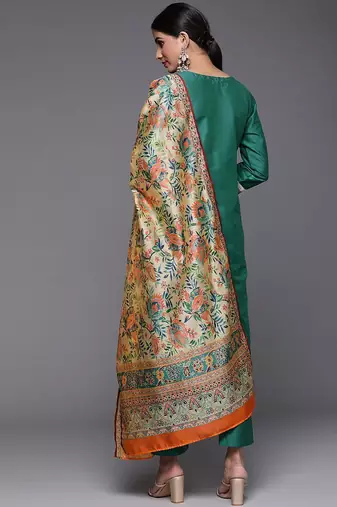 Women Green Ethnic Motifs Yoke Design Kurta with Trousers & With Dupatta
