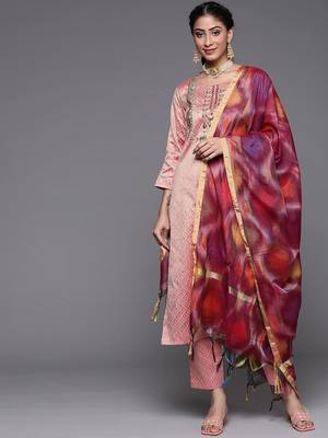 Women Dusty Pink Ethnic Motifs Embroidered Kurta with Trousers & Dupatta 1