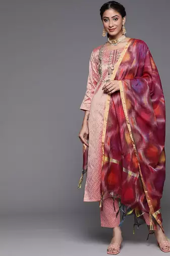 Women Dusty Pink Ethnic Motifs Embroidered Kurta with Trousers & Dupatta