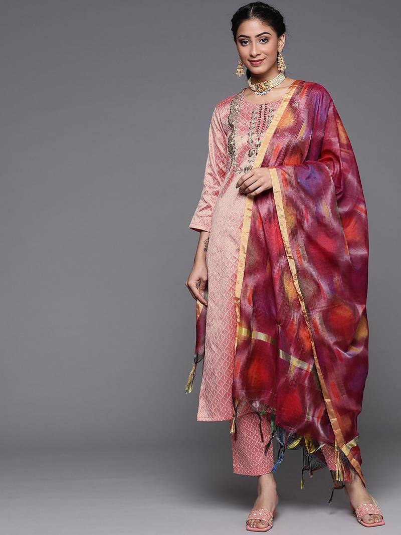 Women Dusty Pink Ethnic Motifs Embroidered Kurta with Trousers & Dupatta