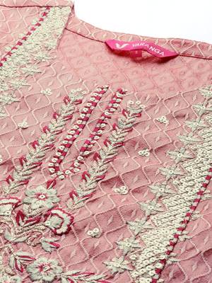 Women Dusty Pink Ethnic Motifs Embroidered Kurta with Trousers & Dupatta 2