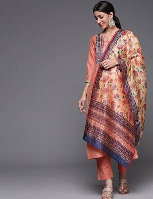 Women Peach-Coloured Ethnic Motifs Printed Kurta with Trousers & Dupatta 1