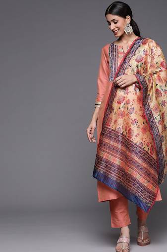 Women Peach-Coloured Ethnic Motifs Printed Kurta with Trousers & Dupatta
