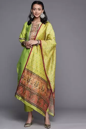 Women Lime Green Ethnic Motifs Yoke Design Beads and Stones Kurta with Trousers & With Dupatta