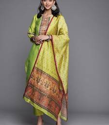 Women Lime Green Ethnic Motifs Yoke Design Beads and Stones Kurta with Trousers & With Dupatta