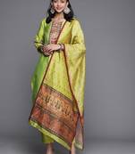 Women Lime Green Ethnic Motifs Yoke Design Beads and Stones Kurta with Trousers & With Dupatta