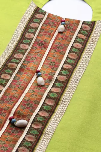 Women Lime Green Ethnic Motifs Yoke Design Beads and Stones Kurta with Trousers & With Dupatta