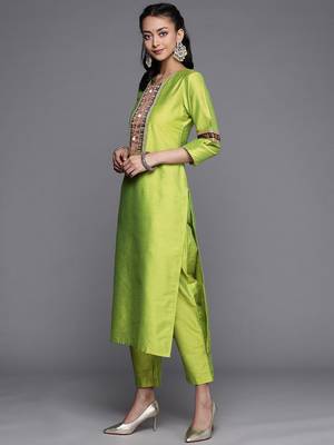 Women Lime Green Ethnic Motifs Yoke Design Beads and Stones Kurta with Trousers & With Dupatta 5