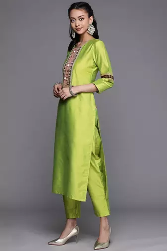 Women Lime Green Ethnic Motifs Yoke Design Beads and Stones Kurta with Trousers & With Dupatta