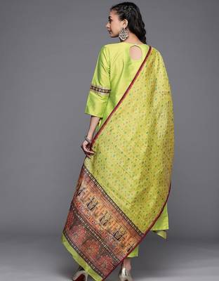 Women Lime Green Ethnic Motifs Yoke Design Beads and Stones Kurta with Trousers & With Dupatta 6
