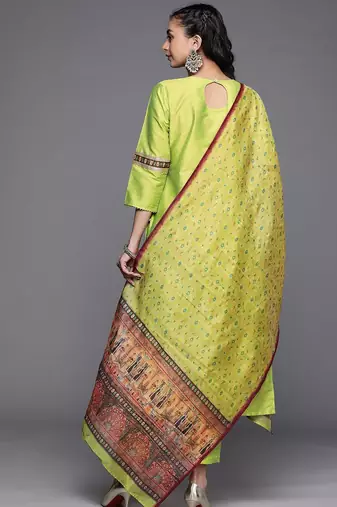 Women Lime Green Ethnic Motifs Yoke Design Beads and Stones Kurta with Trousers & With Dupatta