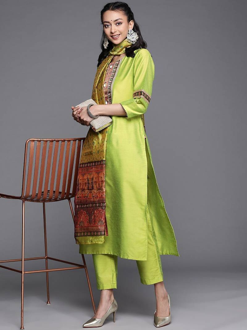 Women Lime Green Ethnic Motifs Yoke Design Beads and Stones Kurta with Trousers & With Dupatta