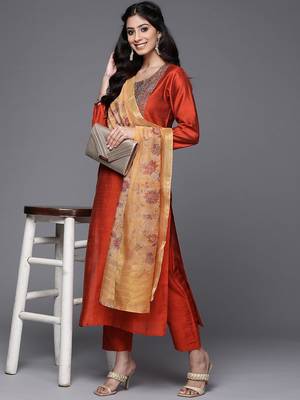 Women Rust Red Yoke Design Thread Work Kurta with Trousers & Dupatta 1