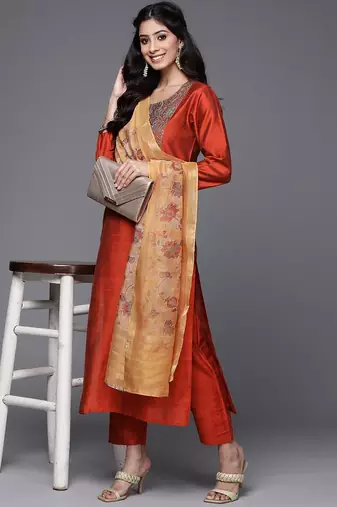 Women Rust Red Yoke Design Thread Work Kurta with Trousers & Dupatta