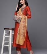 Women Rust Red Yoke Design Thread Work Kurta with Trousers & Dupatta