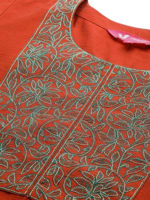 Women Rust Red Yoke Design Thread Work Kurta with Trousers & Dupatta 2