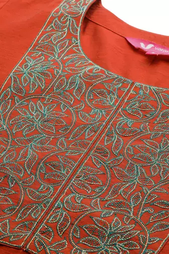 Women Rust Red Yoke Design Thread Work Kurta with Trousers & Dupatta