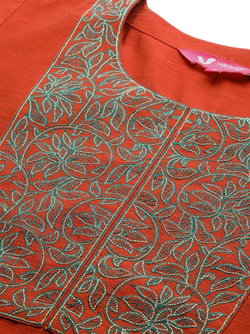Women Rust Red Yoke Design Thread Work Kurta with Trousers & Dupatta