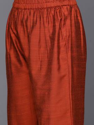 Women Rust Red Yoke Design Thread Work Kurta with Trousers & Dupatta 3