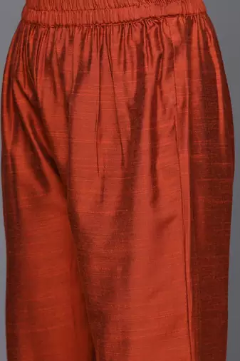 Women Rust Red Yoke Design Thread Work Kurta with Trousers & Dupatta