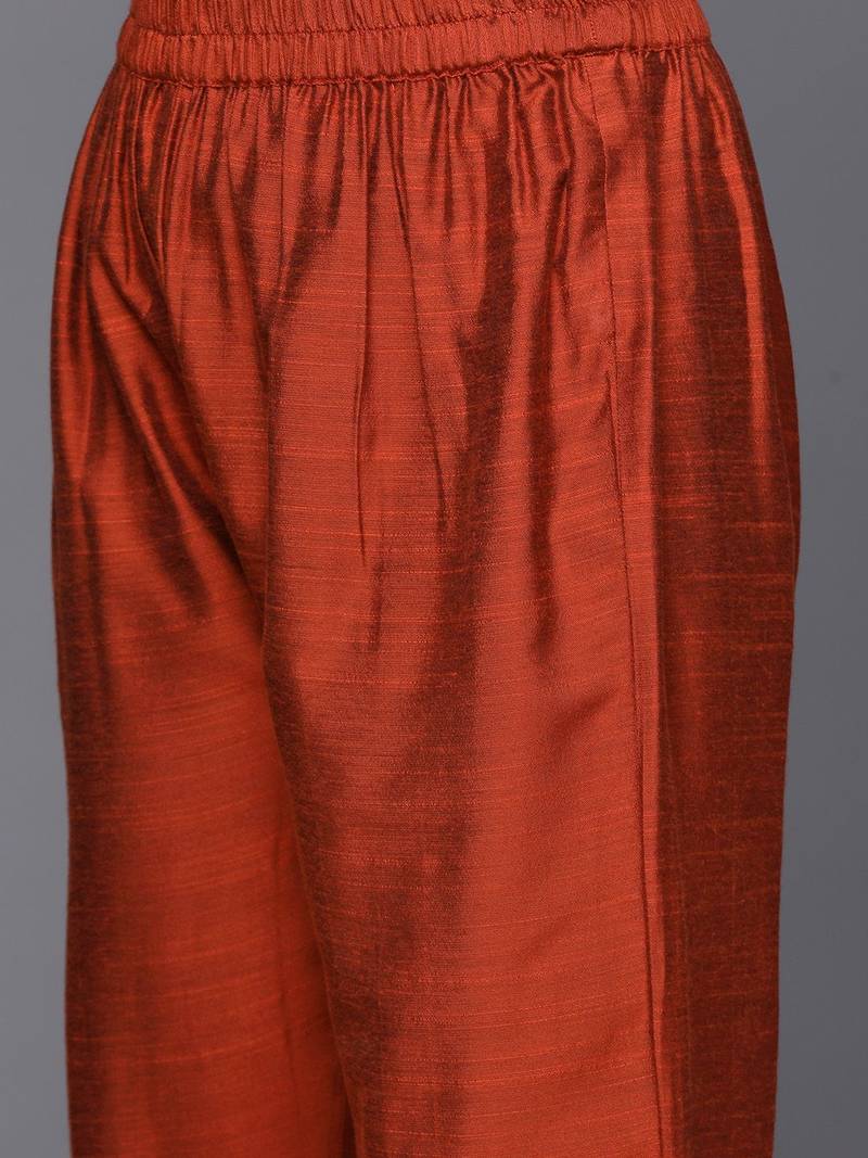 Women Rust Red Yoke Design Thread Work Kurta with Trousers & Dupatta