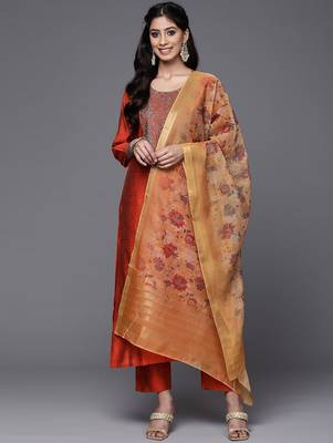 Women Rust Red Yoke Design Thread Work Kurta with Trousers & Dupatta 5