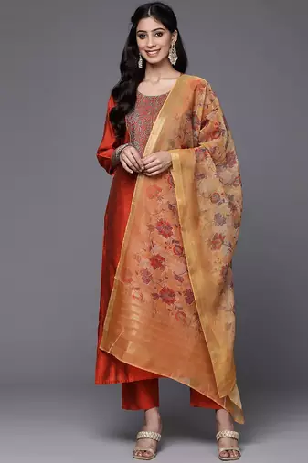 Women Rust Red Yoke Design Thread Work Kurta with Trousers & Dupatta